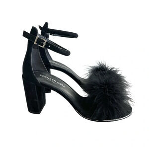 Kenneth Cole feather stripe open toe block chunky heel evening black sandals 5.5